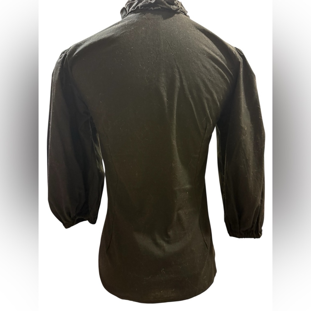 Black Ruffle-Trim Button-Down Blouse with Lace V-Neck - Picture 4 of 5